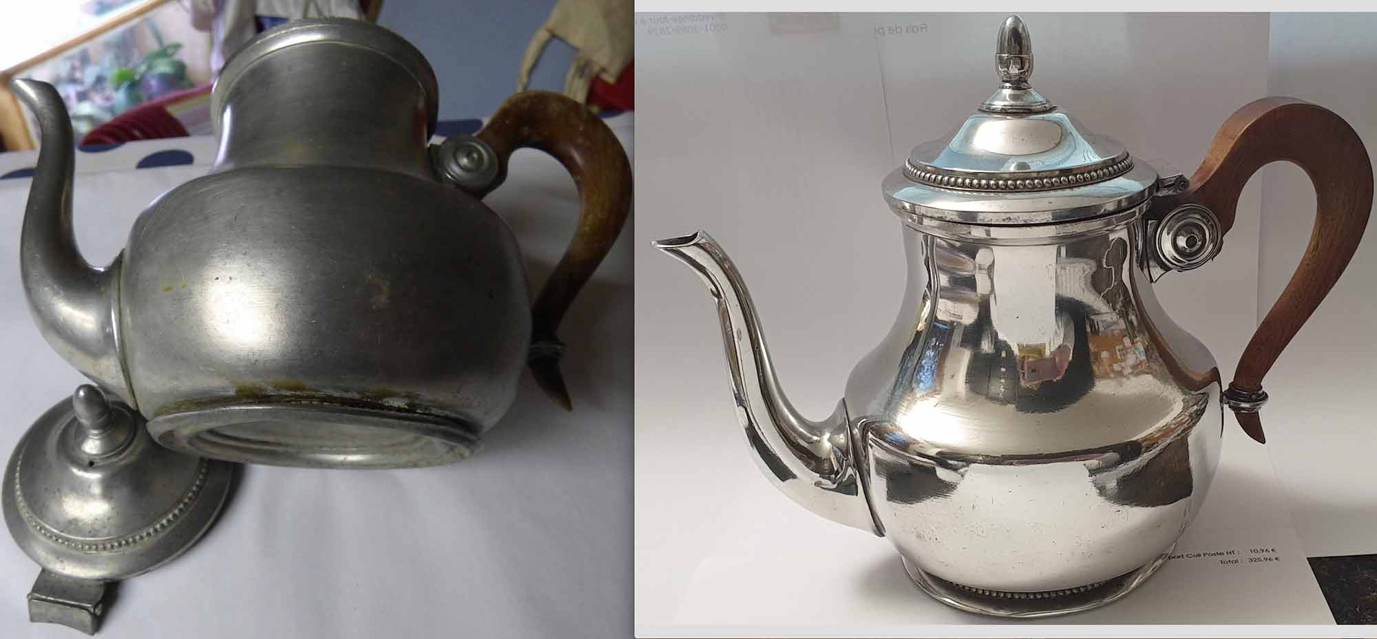 réparation sur cafetière perlée en étain polissage debosselage, soudure sur couvercle