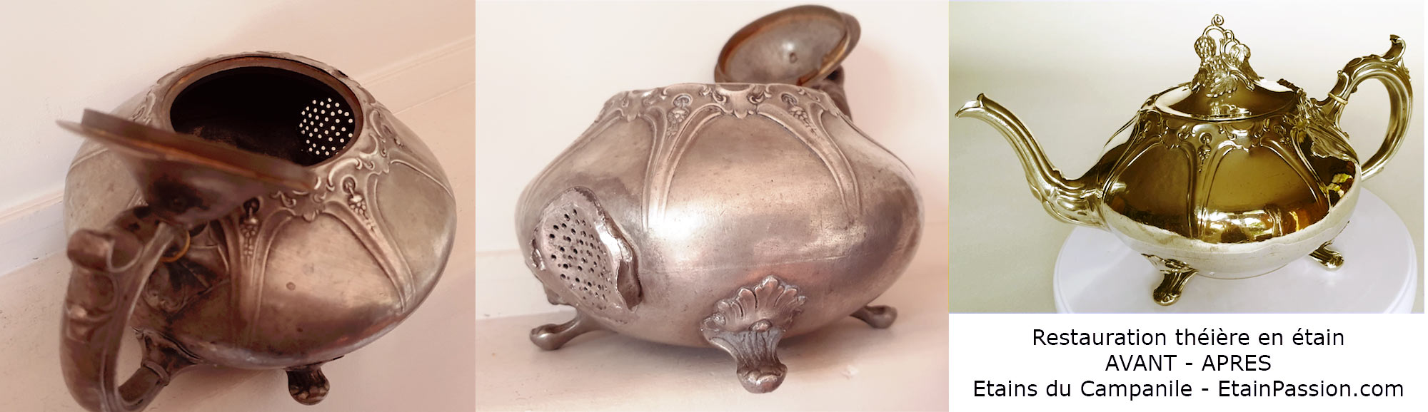 restauration theiere sheffield Shaw & Fisher etain, polissage