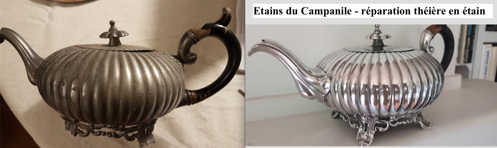 reparation théière etain pied reformé par Etains du Campanile